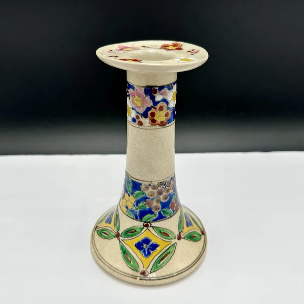 Boho Hand Painted Candlestick Holder 6” Japan Flowers Glazed Ceramic